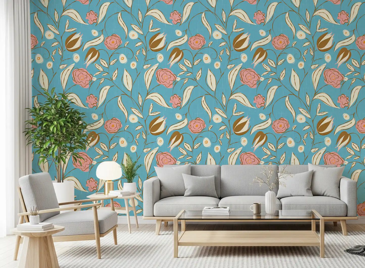 Himmelblå Chintz Blomstret Tapet Vintage Botanisk Tapet⁠