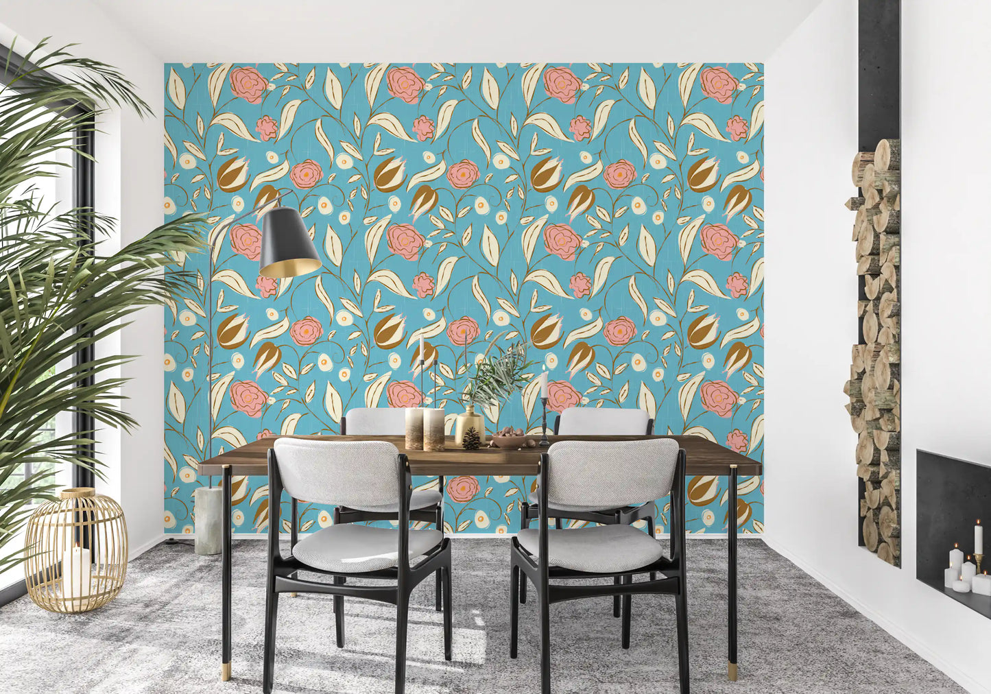 Himmelblå Chintz Blomstret Tapet Vintage Botanisk Tapet⁠