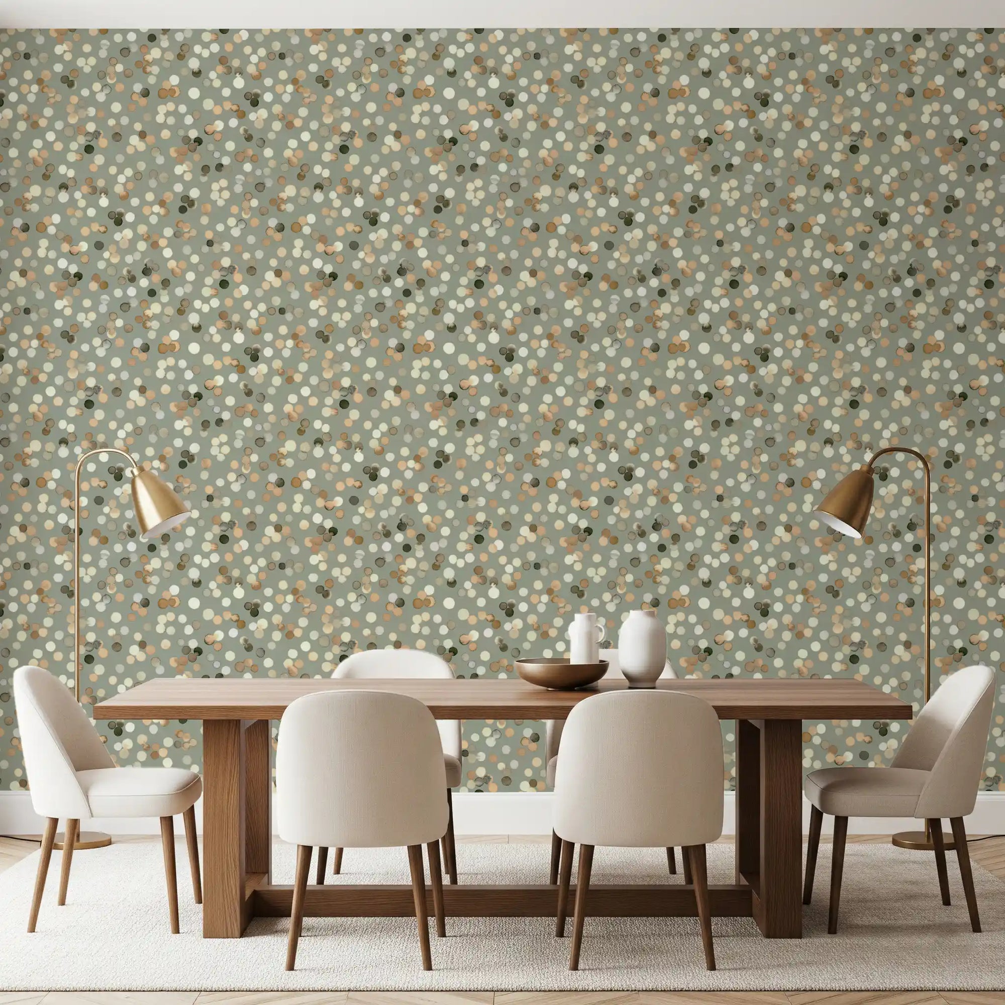 Cream and walnut dots drift through the sage and sand wallpaper in a Dining room.