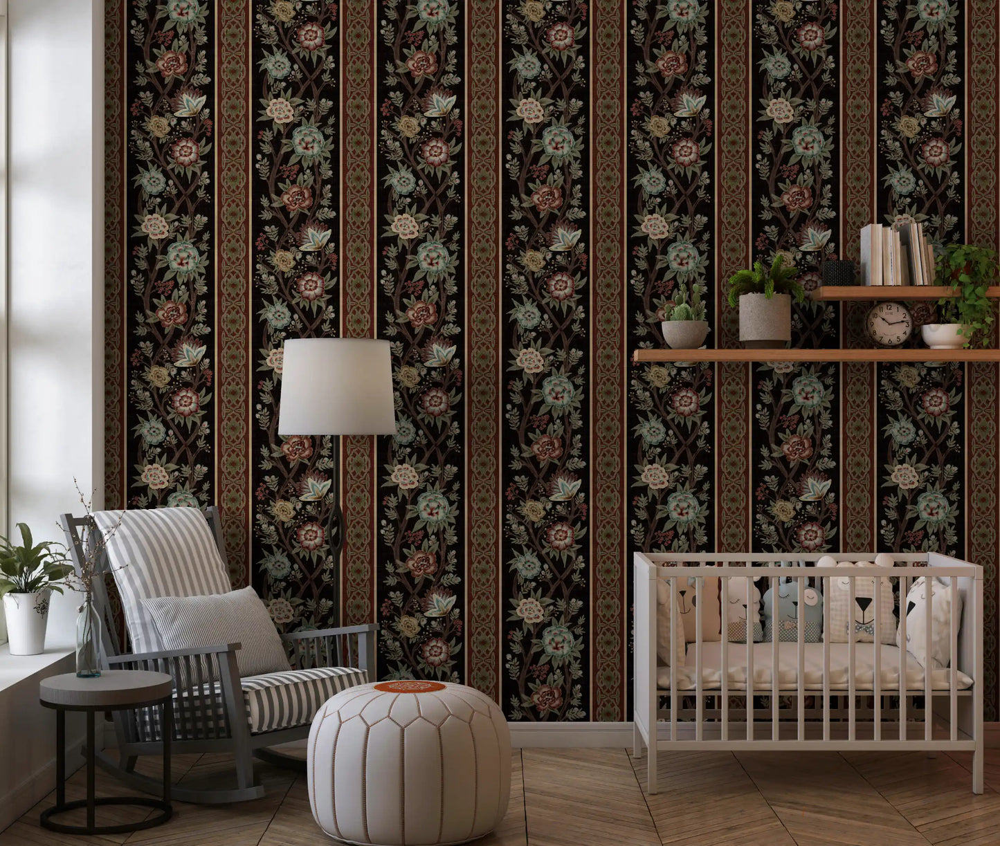 Trailing Chintz Vintage Heirloom Stripes Dark Wallpaper⁠