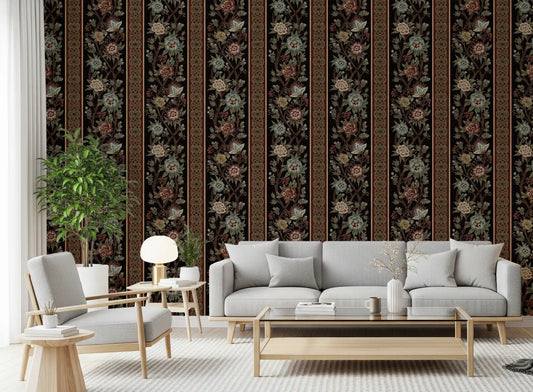 Living room beside Trailing Chintz Vintage Heirloom Stripes Dark Wallpaper panel.