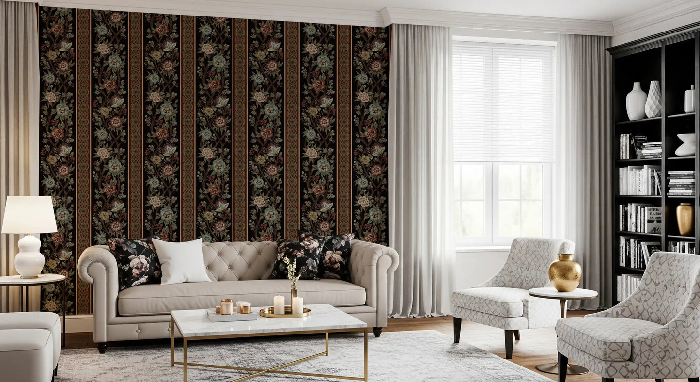 Trailing Chintz Vintage Heirloom Stripes Dark Wallpaper⁠