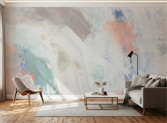 Pastel whispers abstract wall mural opens up a relaxed living room palette.