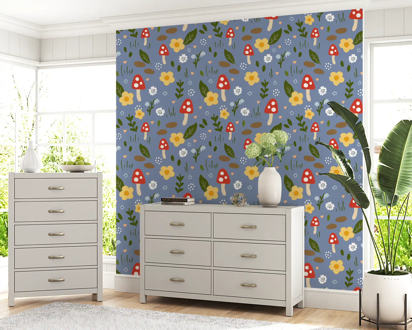 Whimsical Forest Mushroom & Wildflower Wallpaper Wallpaper⁠