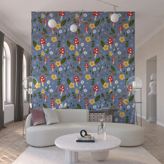 Red toadstools and yellow blooms fill a living room with this Mushroom wallpaper feature.
