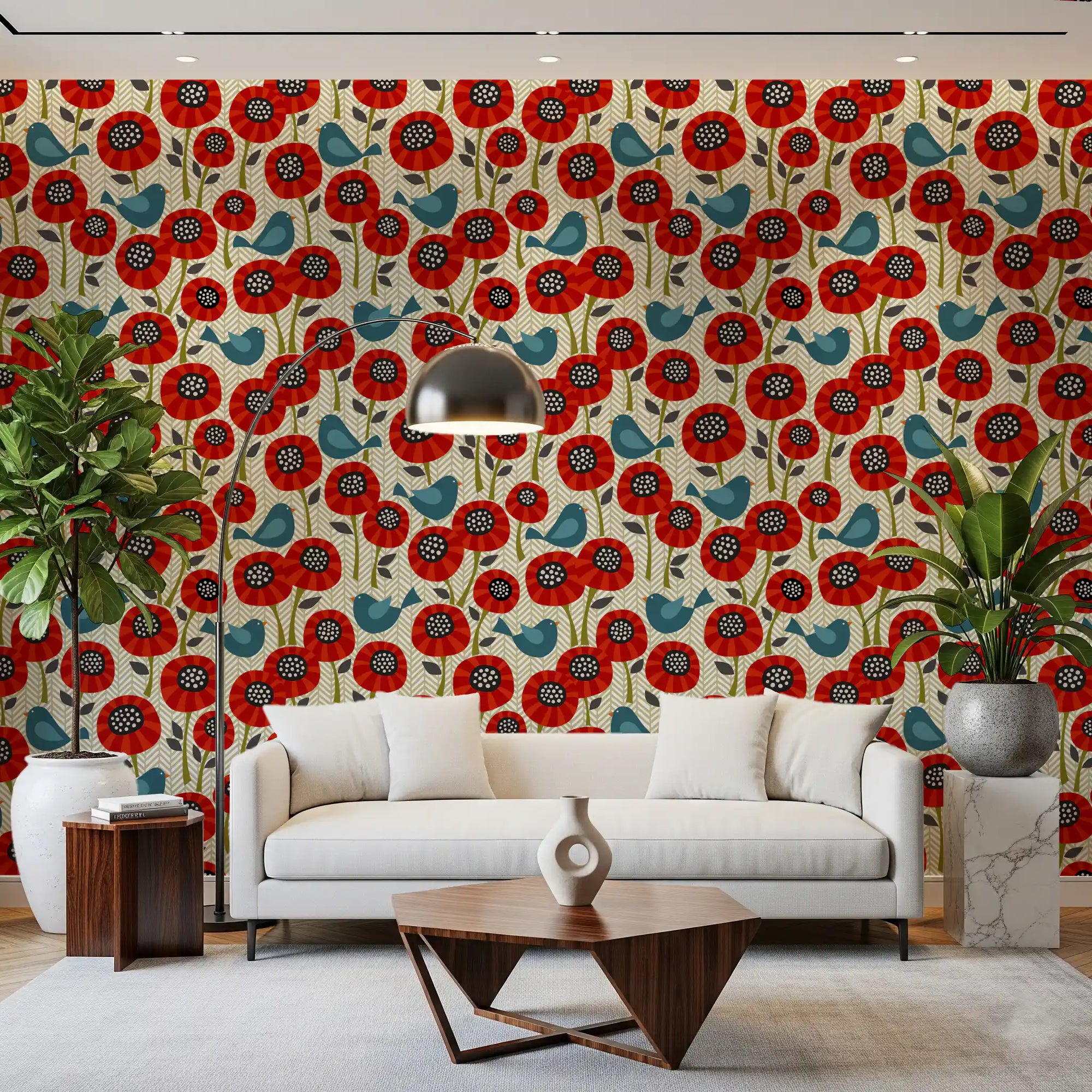 Red poppies and teal birds fill a living room with the Poppies and Birds wallpaper.