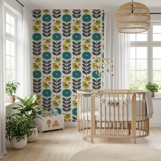 Retro bloemen- en vogelbehang