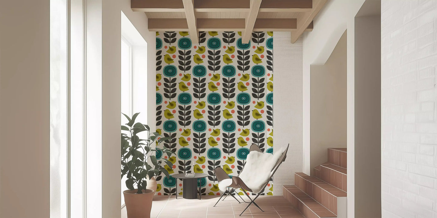 Tapete mit Retro-Blumen und Vögeln