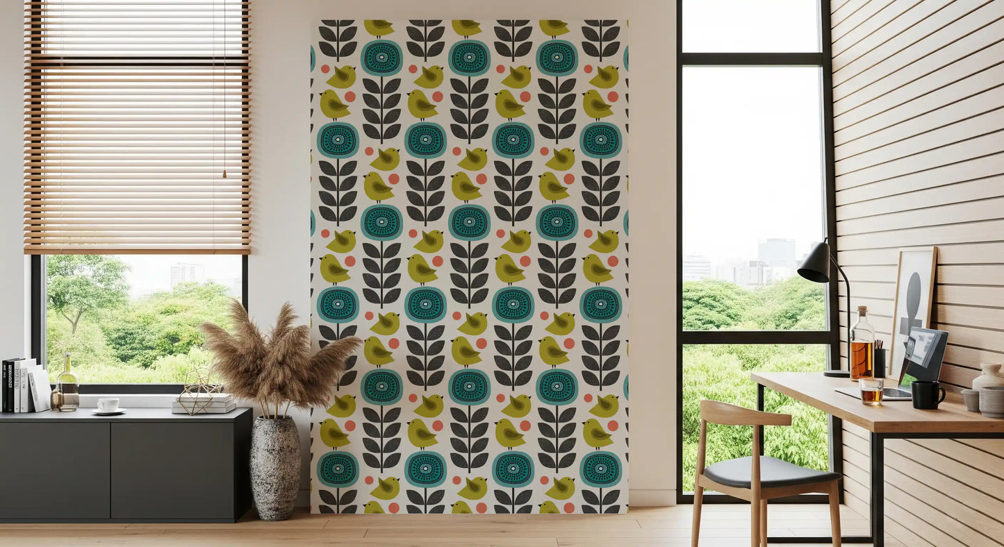 Tapete mit Retro-Blumen und Vögeln