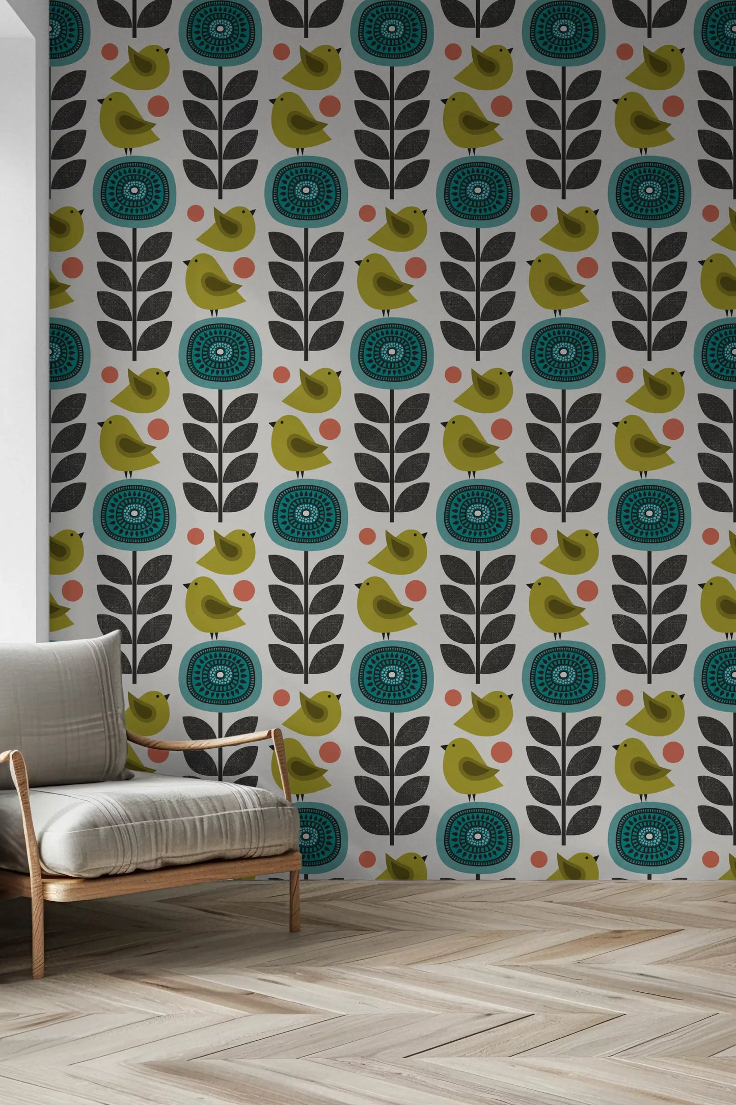 Tapete mit Retro-Blumen und Vögeln