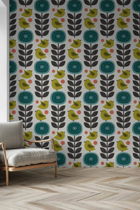 Tapete mit Retro-Blumen und Vögeln