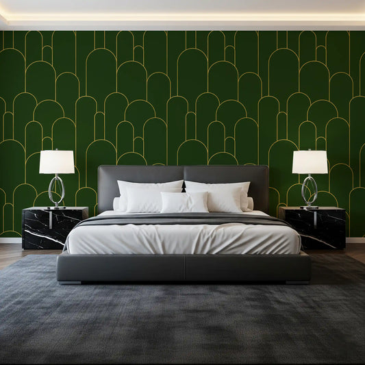 Bedroom Emerald and Gold Art Deco Arches Wallpaper feature wall