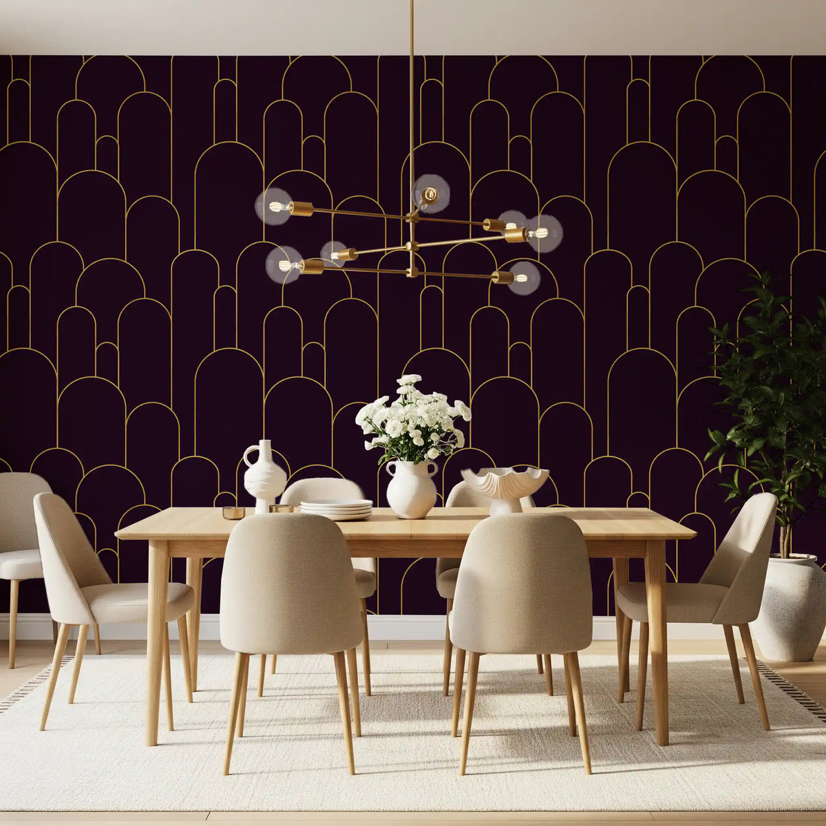 Retro Glamour Plum Noir Arches wallpaper for a dining room with flowing arch wallpaper pattern design