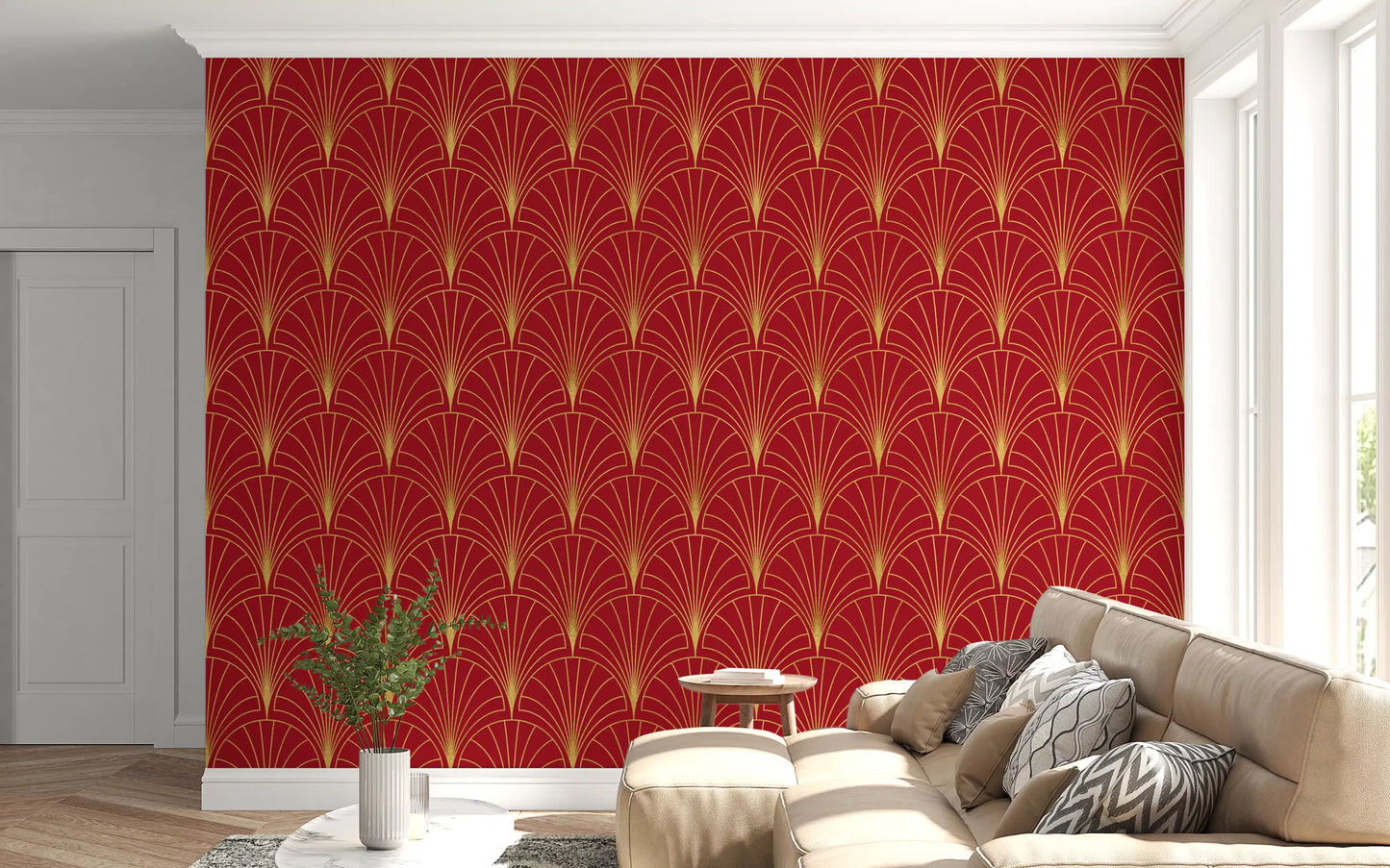 Tapete mit Art-Déco-Fächern in Karmesinrot und Gold