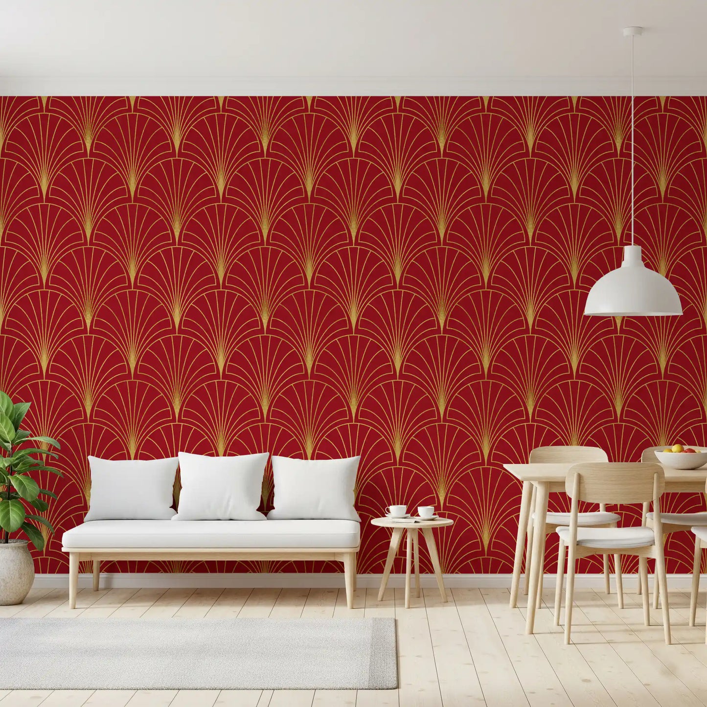 Tapete mit Art-Déco-Fächern in Karmesinrot und Gold