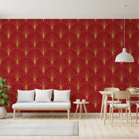 Tapete mit Art-Déco-Fächern in Karmesinrot und Gold