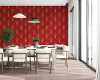 Tapete mit Art-Déco-Fächern in Karmesinrot und Gold