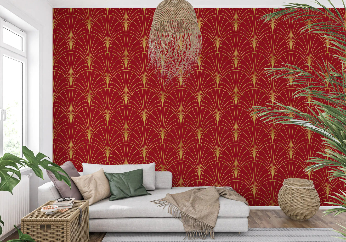 Tapete mit Art-Déco-Fächern in Karmesinrot und Gold