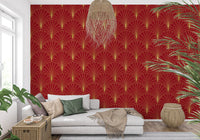 Tapete mit Art-Déco-Fächern in Karmesinrot und Gold