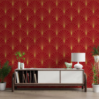 Tapete mit Art-Déco-Fächern in Karmesinrot und Gold