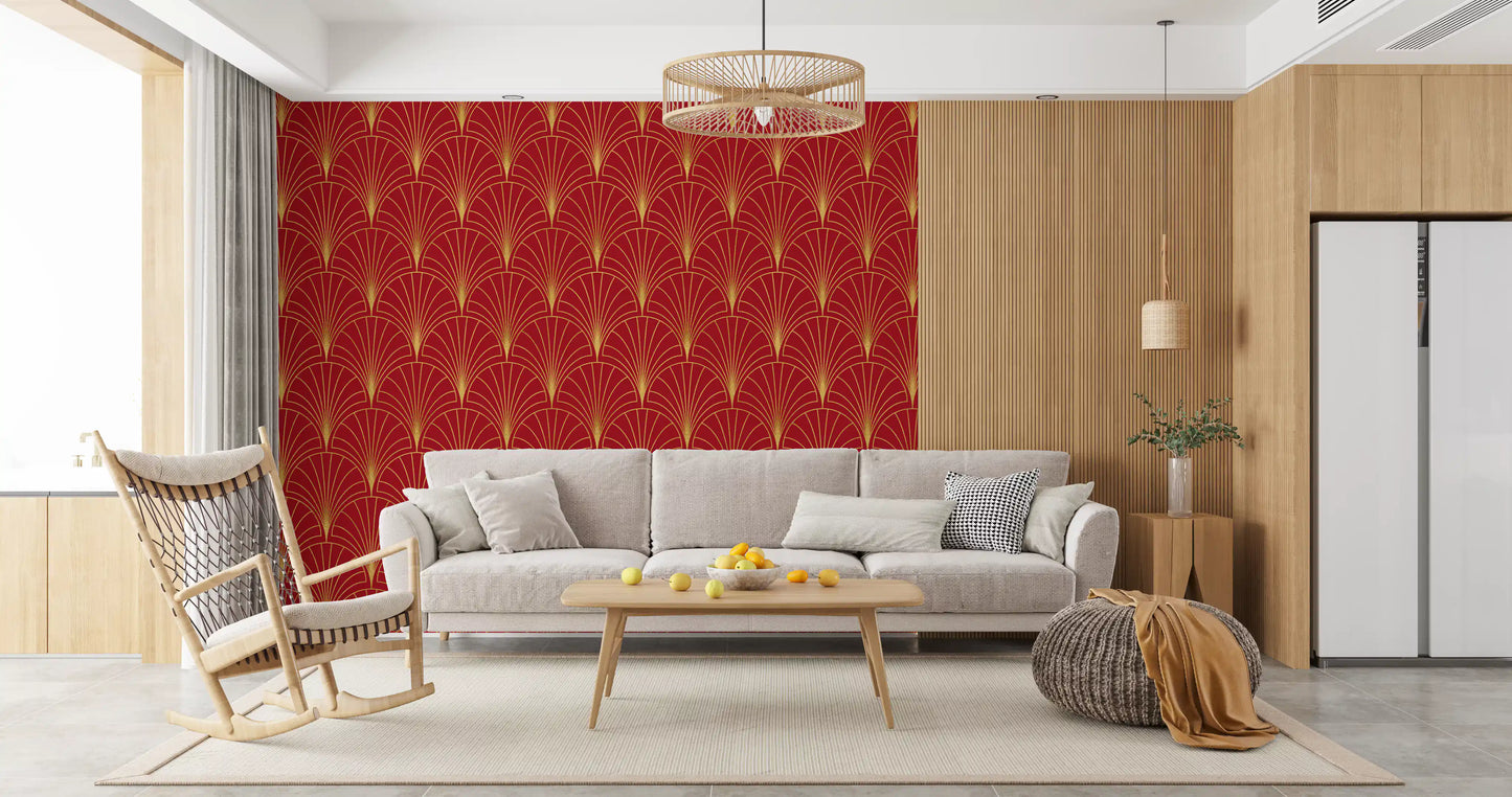 Tapete mit Art-Déco-Fächern in Karmesinrot und Gold