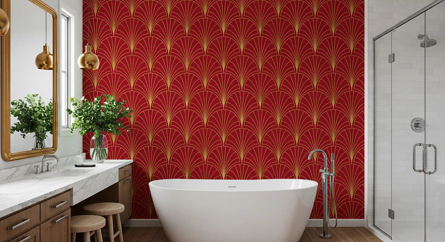 Tapete mit Art-Déco-Fächern in Karmesinrot und Gold