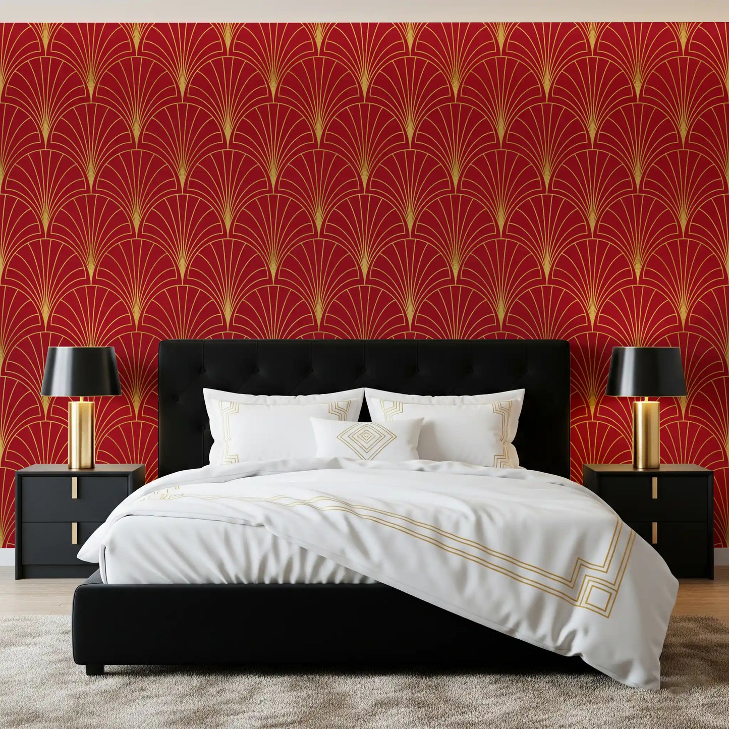 Tapete mit Art-Déco-Fächern in Karmesinrot und Gold