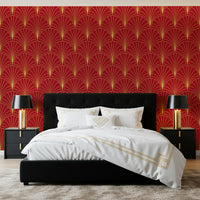 Tapete mit Art-Déco-Fächern in Karmesinrot und Gold