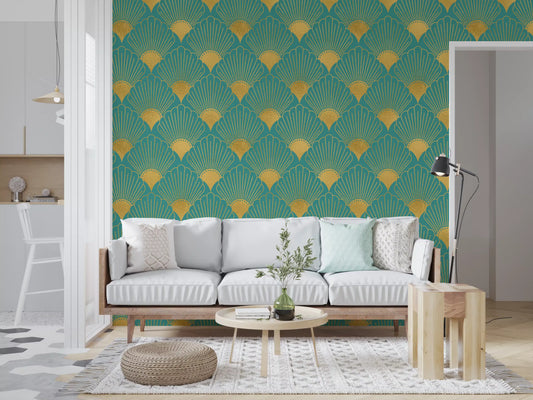 Glamouröse Wandtapete mit Pfauenfeder-Motiv in Türkis und Gold