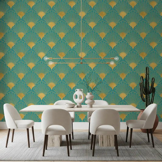 Glamouröse Wandtapete mit Pfauenfeder-Motiv in Türkis und Gold