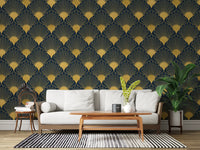 Papel de Parede Opulent Deco Shell Azul Marinho e Dourado