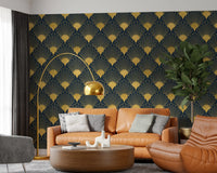 Papel de Parede Opulent Deco Shell Azul Marinho e Dourado
