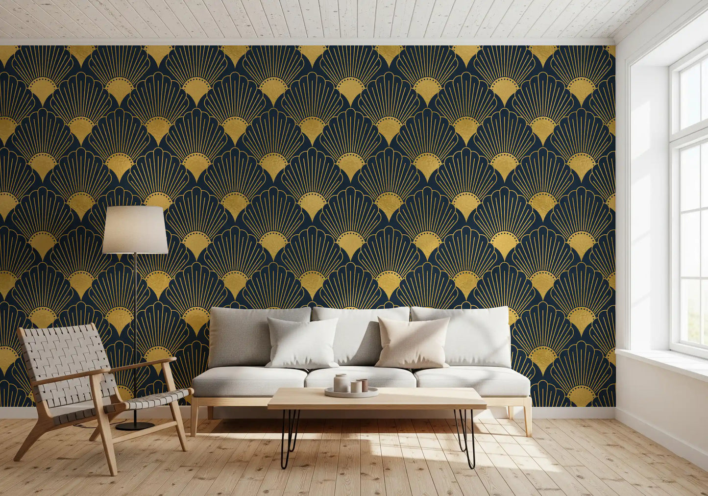 Papel de Parede Opulent Deco Shell Azul Marinho e Dourado