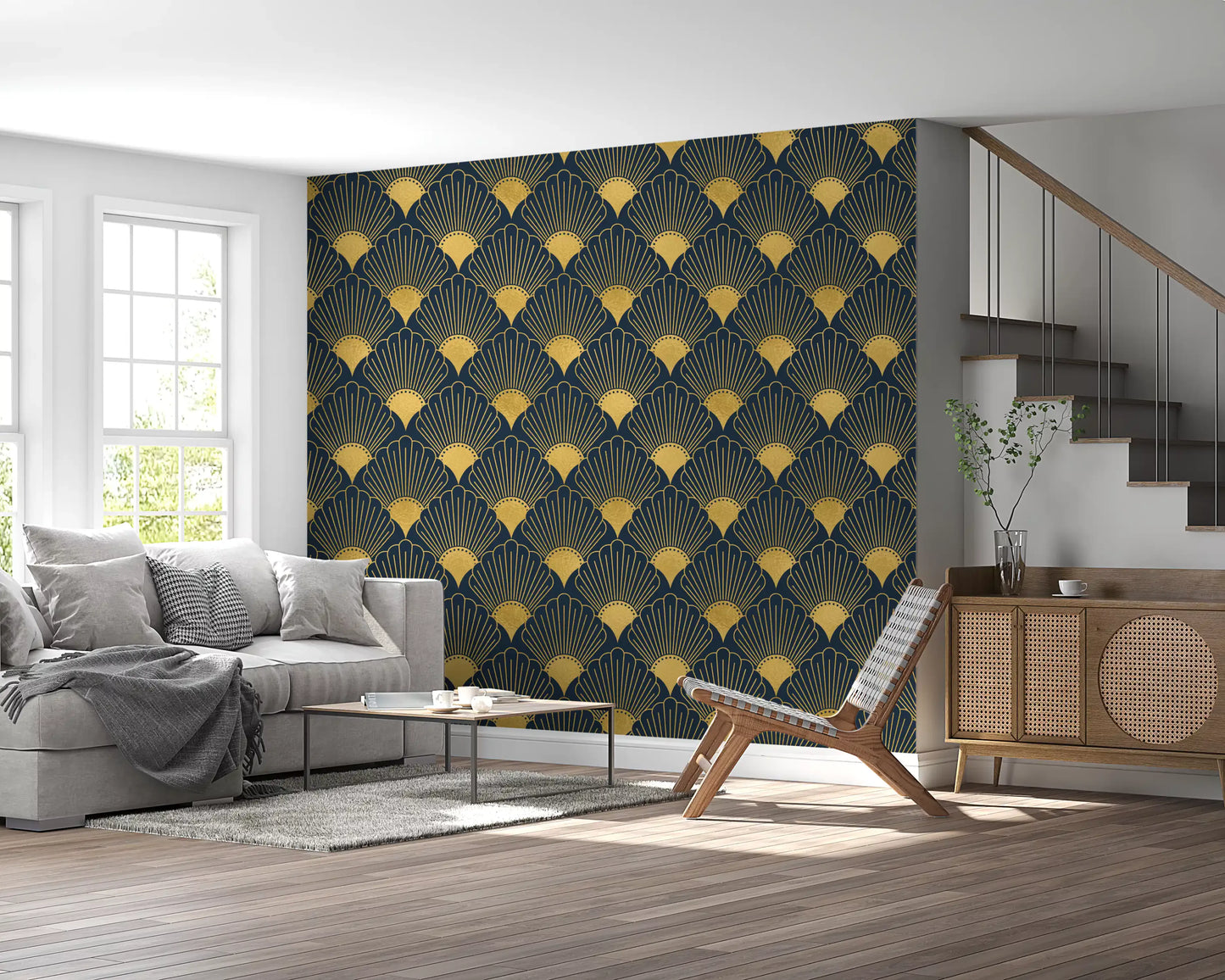 Papel de Parede Opulent Deco Shell Azul Marinho e Dourado