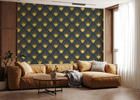 Papel de Parede Opulent Deco Shell Azul Marinho e Dourado