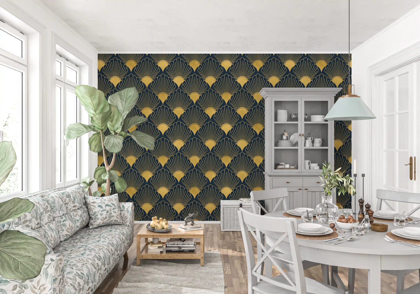 Papel de Parede Opulent Deco Shell Azul Marinho e Dourado
