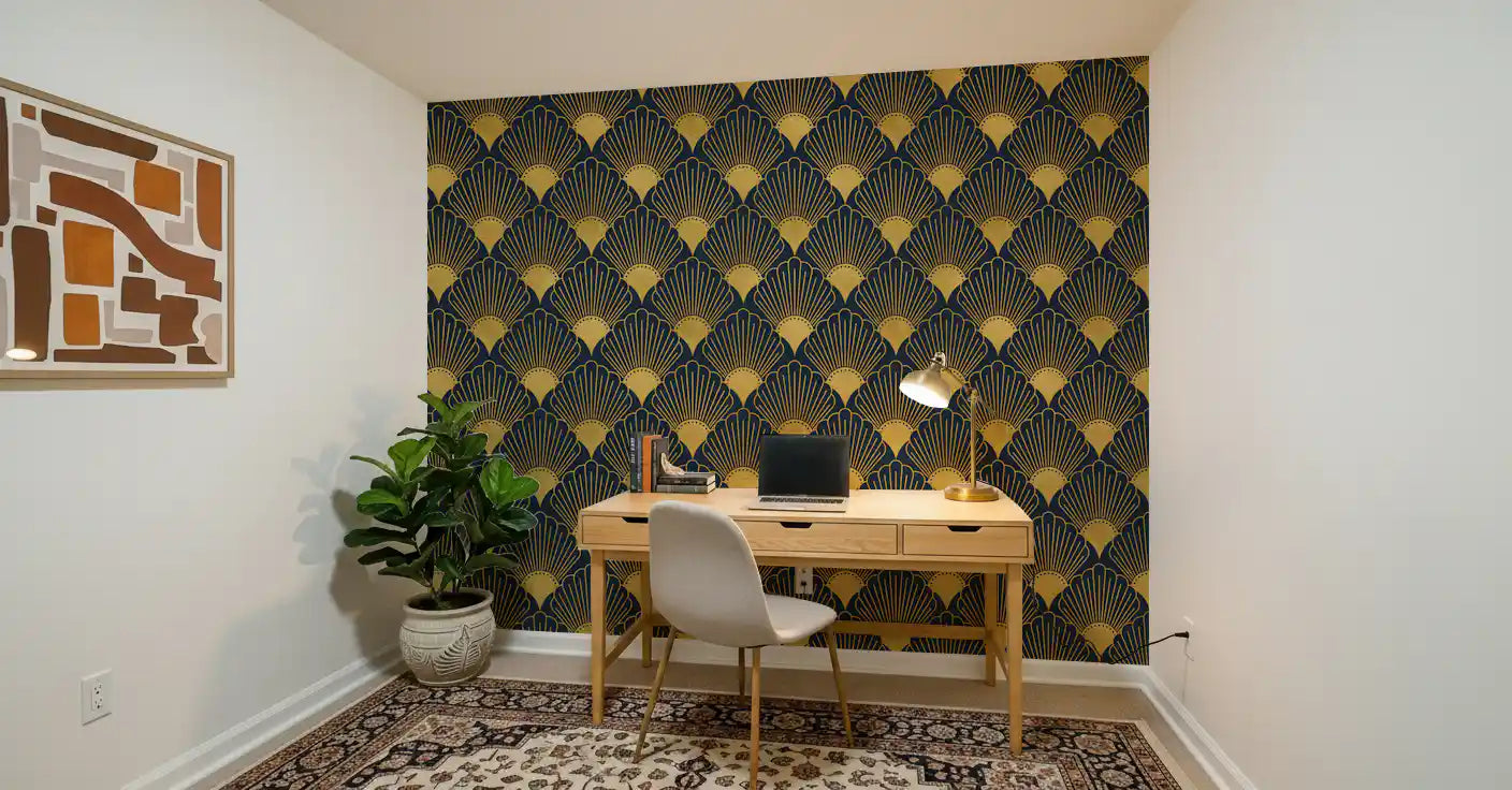 Papel de Parede Opulent Deco Shell Azul Marinho e Dourado