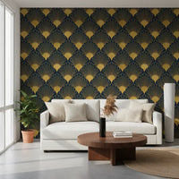 Papel de Parede Opulent Deco Shell Azul Marinho e Dourado