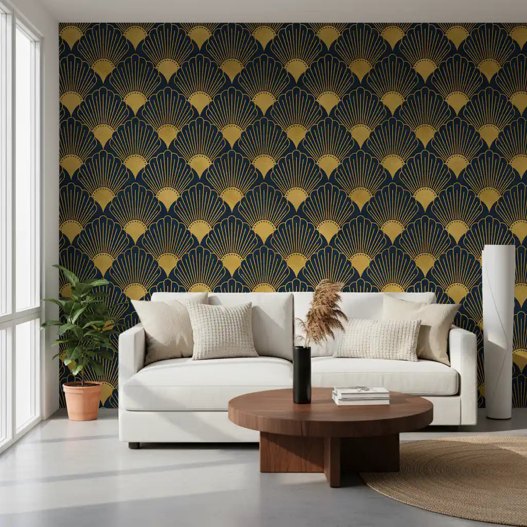 Navy and gold Art Deco shell fan office wallpaper with repeating geometric luxury pattern
