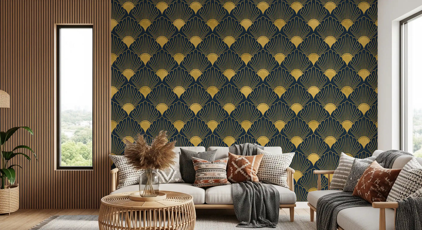 Papel de Parede Opulent Deco Shell Azul Marinho e Dourado