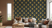 Papel de Parede Opulent Deco Shell Azul Marinho e Dourado
