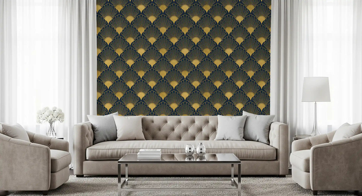 Papel de Parede Opulent Deco Shell Azul Marinho e Dourado