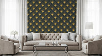 Papel de Parede Opulent Deco Shell Azul Marinho e Dourado