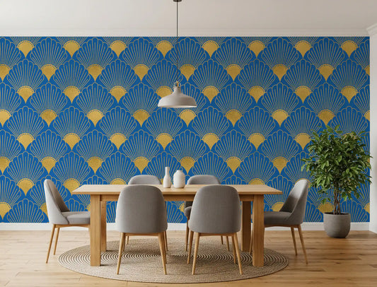 Art Deco Goldene Fächer Royalblau Tapete Tapete⁠