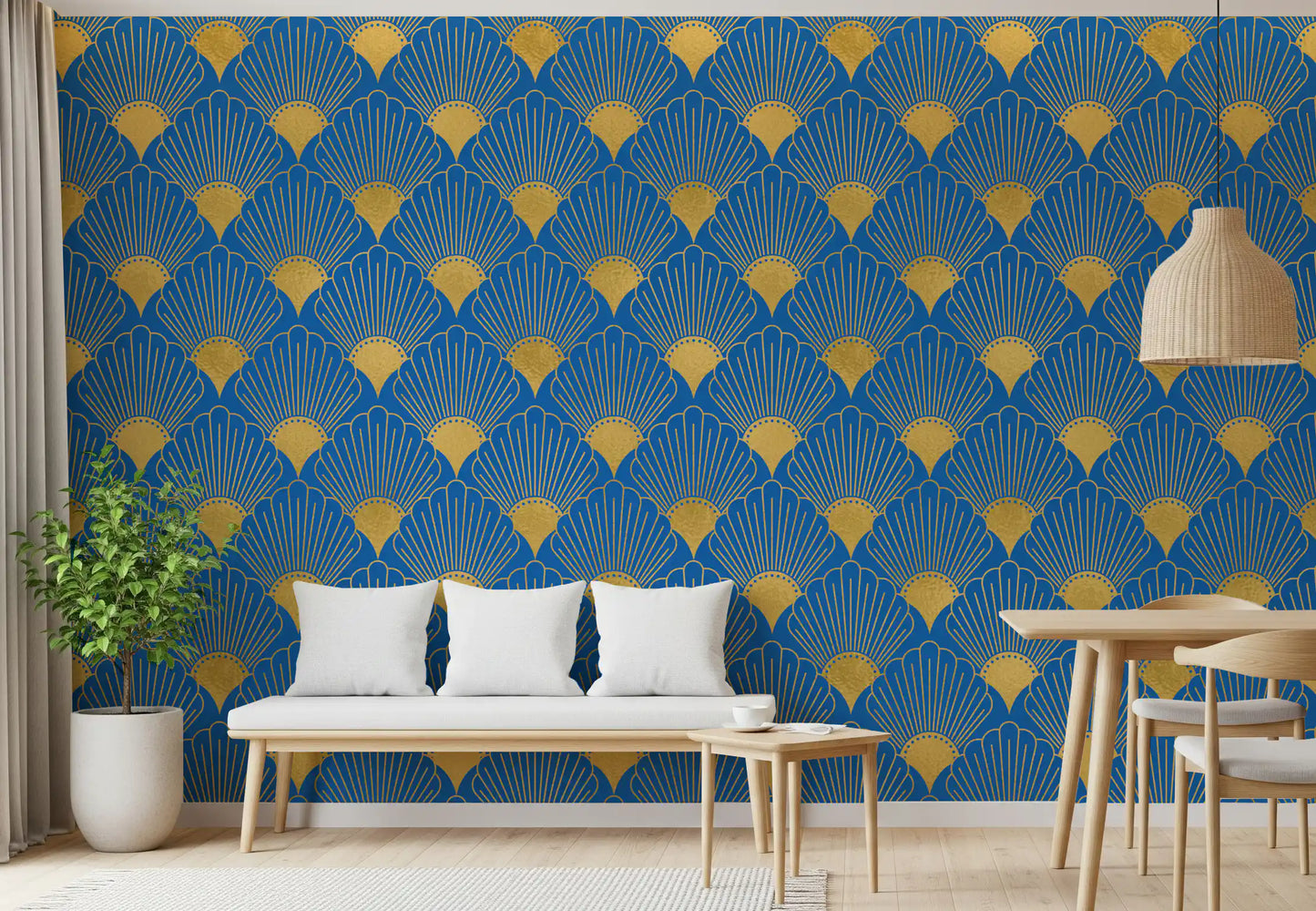 Art Deco gyldne vifter kongeblåt tapet tapet⁠