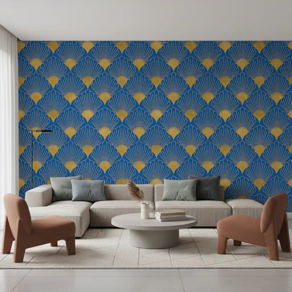 Art Deco gyldne vifter kongeblåt tapet tapet⁠