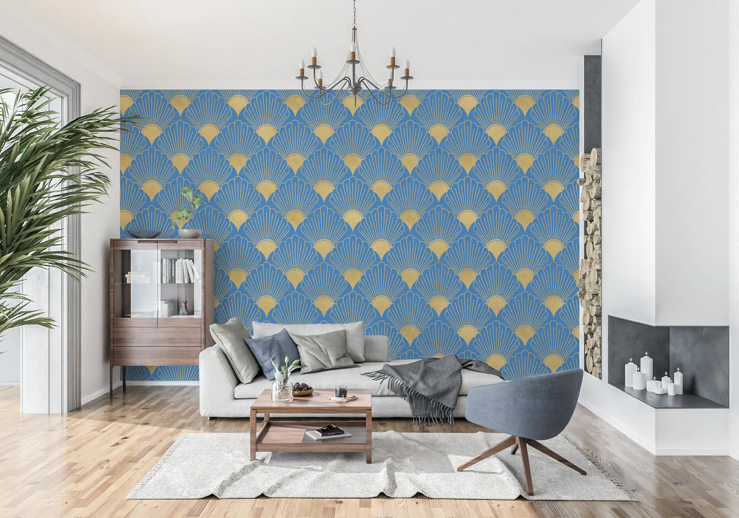 Art Deco gyldne vifter kongeblåt tapet tapet⁠