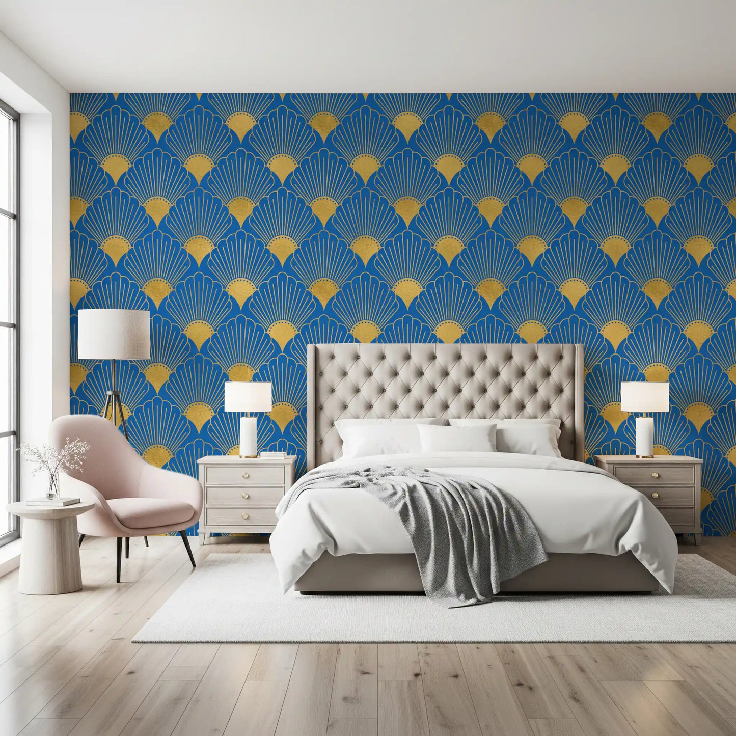 Art Deco gyldne vifter kongeblåt tapet tapet⁠