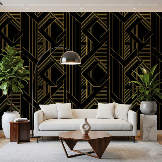 Gilded Gatsby geometric wallpaper warms a living room with gold linework on black.