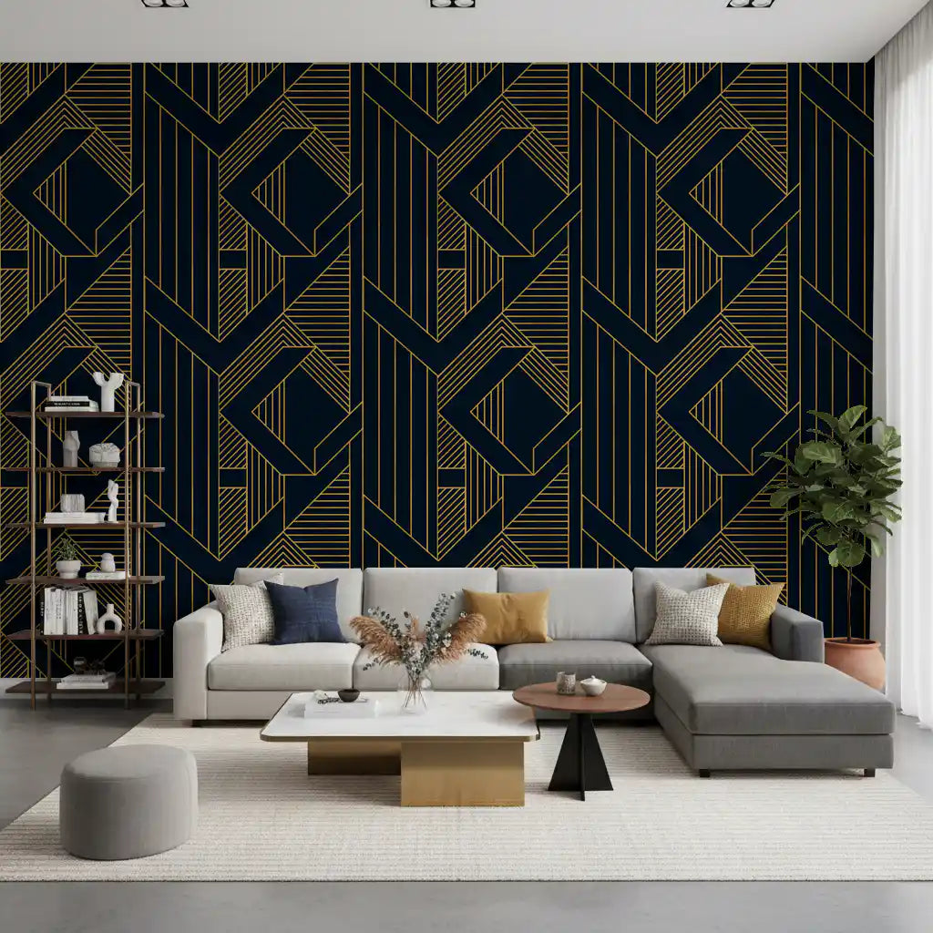 Gilt linework patterns the Living room within this navy and gold art deco wallpaper.